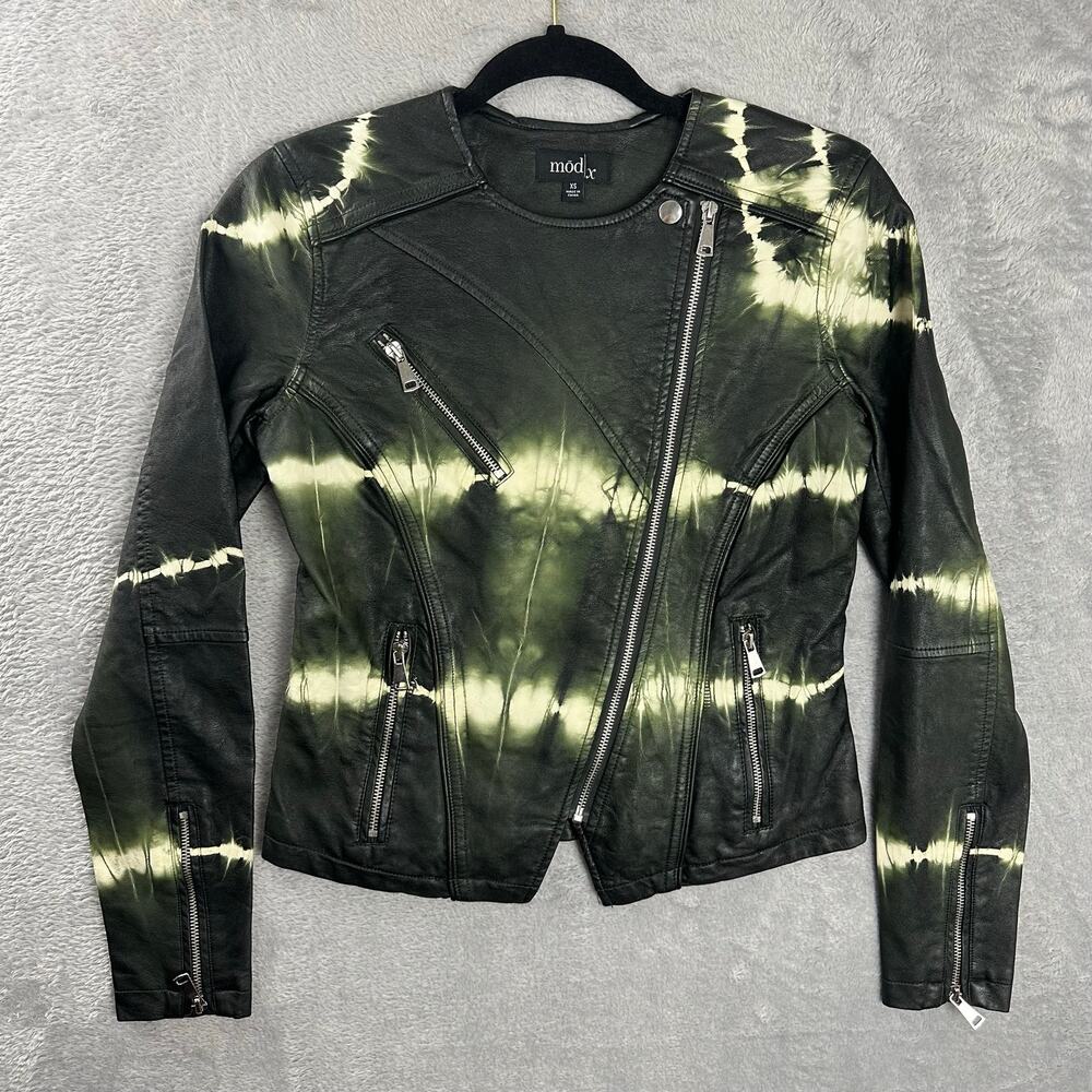 Mod X Black Green Tie Dye Shibori Faux Leather Moto Jacket XS Grunge Alt Edgy